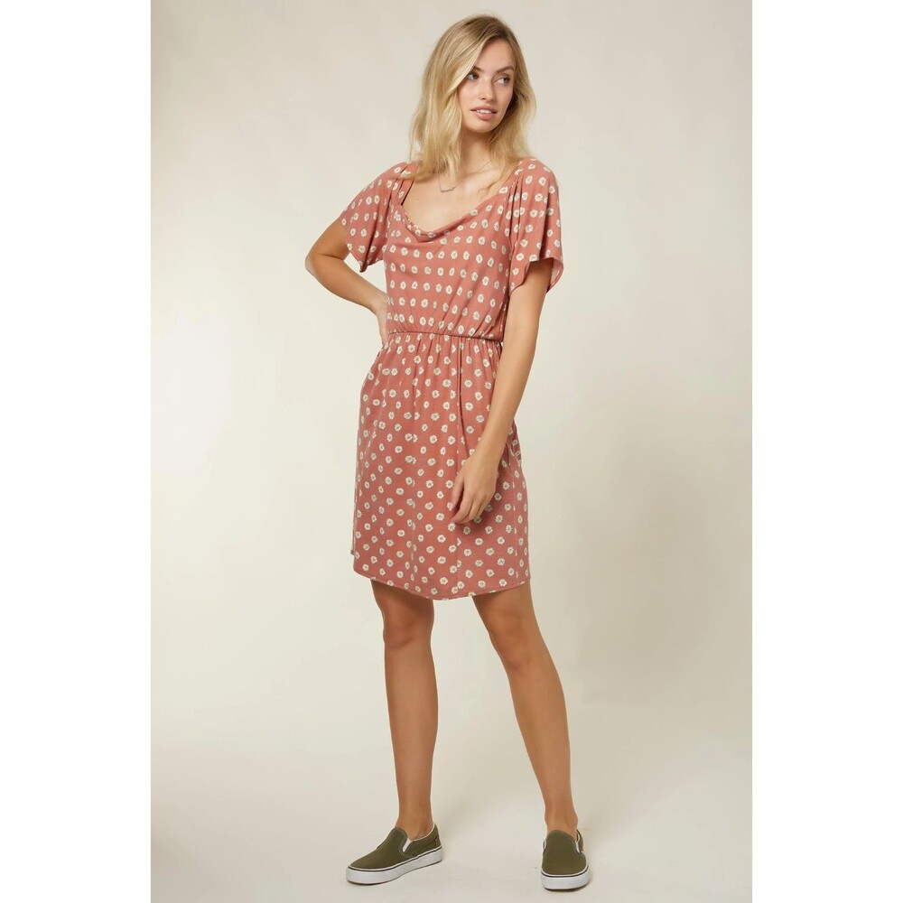 O'Neill Cindy Cowl Neck Dress M Coral White Floral Stretch Spring NEW B10
